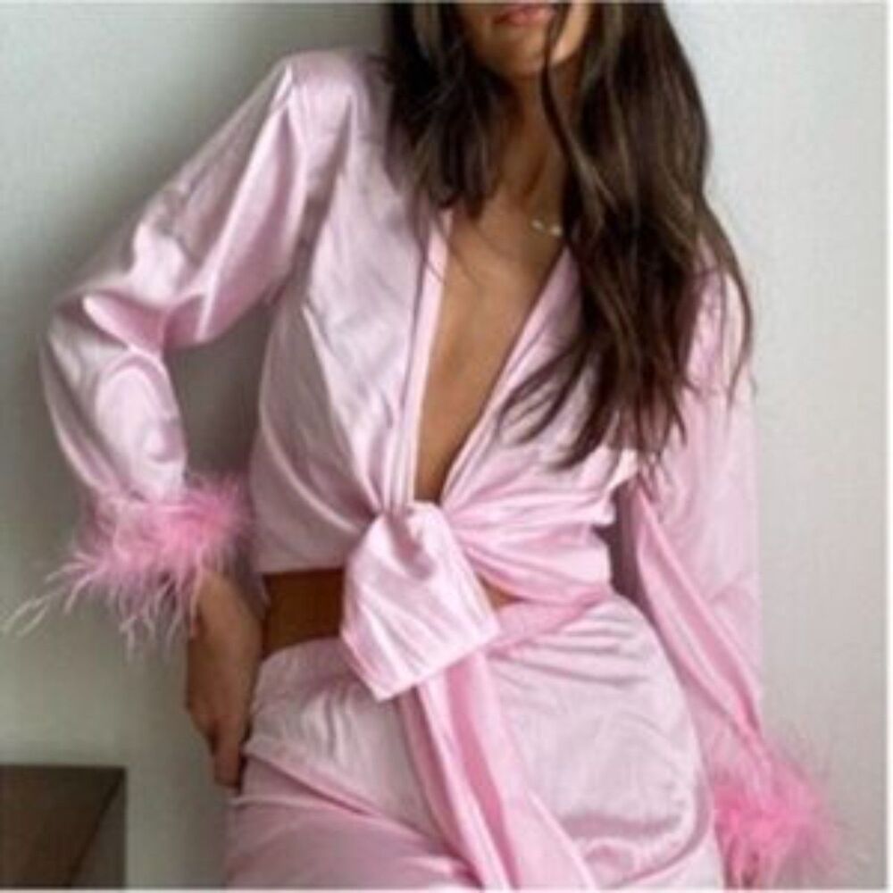RUMOURS‎ Studio 54 Feathered Front Tie Blouse Pink Small NEW NWT
